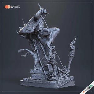 May include: A gray statue of a figure in a fedora and long coat, swinging from a rope. The statue is on a base with the words "Indiana Jones" and the rapidSTL logo. The words "HIGH-QUALITY PRE-SUPPORTS" are also visible.