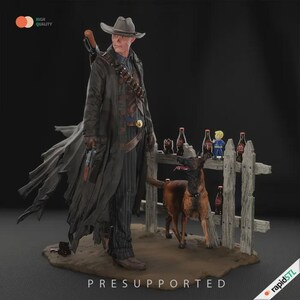 May include: A detailed figurine of a cowboy with a long coat, hat, and gun, standing next to a dog and a wooden fence with bottles. The figurine is on a brown base with the text "PRESUPPORTED".
