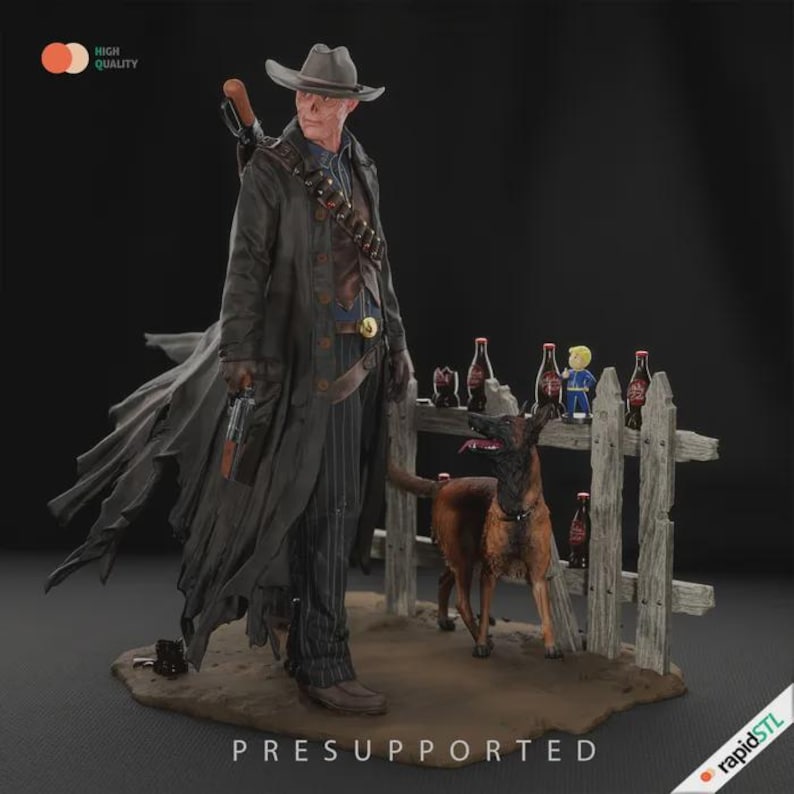 May include: A detailed figurine of a cowboy with a long coat, hat, and gun, standing next to a dog and a wooden fence with bottles. The figurine is on a brown base with the text "PRESUPPORTED".
