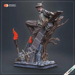 May include: A detailed figurine of an adventurer in a fedora, perched on a crumbling structure with a tree. The figure is dressed in brown pants, a green shirt, and a leather jacket. A torch with an orange flame is lit. The text "HIGH-QUALITY PRE-SUPPORTS" is visible.