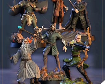 May include: A set of six fantasy character figurines, including a wizard with a long white beard, a female elf with a bow and arrow, a male elf with a sword, a human warrior with a sword, a hobbit with a sword, and a human ranger with a sword. The figurines are all painted in vibrant colors and are posed in dynamic action poses. The figurines are set on a base with a green and brown landscape.