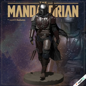 May include: A 3D printed model of The Mandalorian from the Star Wars series. The figure is wearing a dark brown and silver armor with a cape. The figure is standing on a rocky base. The background is a dark blue and purple nebula.