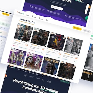 May include: Screenshots of a website showcasing 3D models for sale on Etsy. The website features various 3D-printed figurines, including characters from popular franchises. The website's branding includes the text "rapidSTL" and "On sale at Etsy."