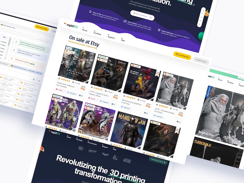 May include: Screenshots of a website showcasing 3D models for sale on Etsy. The website features various 3D-printed figurines, including characters from popular franchises. The website's branding includes the text "rapidSTL" and "On sale at Etsy."