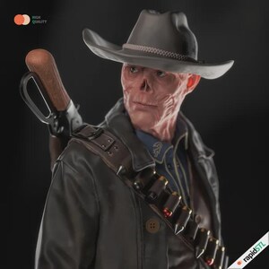 May include: A detailed digital rendering of a figure in a cowboy hat and leather jacket, with a rifle slung over the shoulder. The figure has a weathered, aged appearance, with a bandolier of bullets across the chest. The color palette is muted, with shades of gray, brown, and blue.