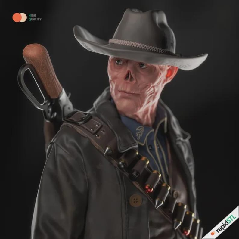 May include: A detailed digital rendering of a figure in a cowboy hat and leather jacket, with a rifle slung over the shoulder. The figure has a weathered, aged appearance, with a bandolier of bullets across the chest. The color palette is muted, with shades of gray, brown, and blue.