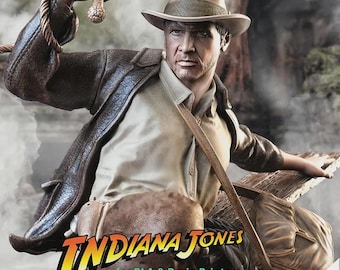 May include: A detailed figurine of Indiana Jones, wearing a fedora, leather jacket, and carrying a satchel. The figure is holding a whip. The text "INDIANA JONES" is displayed in a stylized font, with additional text indicating it is for PLA and resin printers.