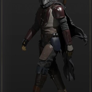 May include: A 3D printed model of The Mandalorian from the Star Wars series. The figure is wearing a silver helmet and dark brown armor with a blue and brown cape. The figure is standing on a sandy base.