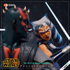 Può includere: Un'illustrazione digitale con i personaggi di Star Wars Darth Maul e Ahsoka Tano. Darth Maul ha segni rossi e corna, mentre Ahsoka Tano ha segni blu e bianchi. Sono visibili anche il logo di Star Wars e il testo "for PLA & Resin Printers PRESUPPORTED".