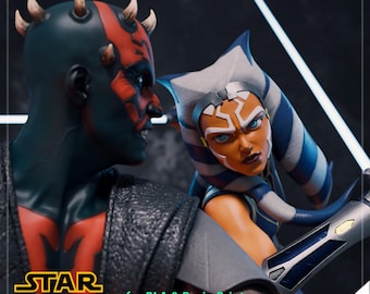 May include: A digital rendering featuring Star Wars characters Darth Maul and Ahsoka Tano. Darth Maul has red markings and horns, while Ahsoka Tano has blue and white markings. The Star Wars logo and text "for PLA & Resin Printers PRESUPPORTED" are also visible.