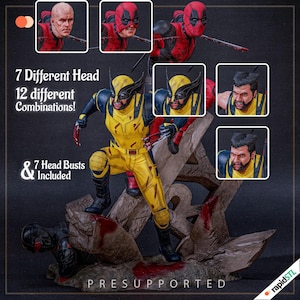May include: A yellow and black action figure of Wolverine with a red and black action figure of Deadpool. The Wolverine figure has seven different head sculpts and the Deadpool figure has seven different head sculpts. The figures are pre-supported for 3D printing.