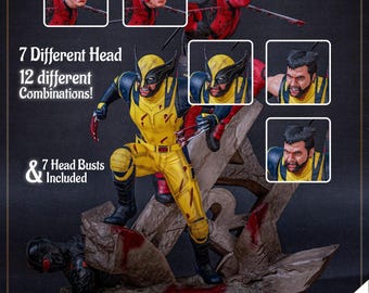 May include: A yellow and black action figure of Wolverine with a red and black action figure of Deadpool. The Wolverine figure has seven different head sculpts and the Deadpool figure has seven different head sculpts. The figures are pre-supported for 3D printing.