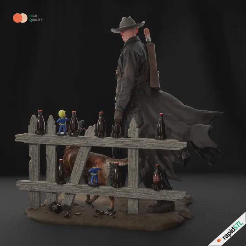 May include: A detailed figurine depicts a figure in a long coat and hat, standing near a wooden fence with miniature bottles and figurines. A dog is behind the fence. The scene is set on a brown base with a dark background.