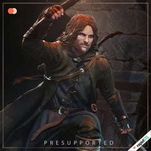 Pode incluir: Um modelo impresso em 3D de um personagem de fantasia, um homem com cabelo longo e barba castanhos, vestindo uma jaqueta de couro marrom escuro e uma camisa azul. Ele está segurando uma espada na mão direita e uma adaga na mão esquerda. O modelo é pré-suportado e pronto para ser impresso.