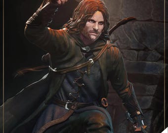 May include: A 3D printed model of a fantasy character, a man with long brown hair and a beard, wearing a dark brown leather jacket and a blue shirt. He is holding a sword in his right hand and a dagger in his left hand. The model is pre-supported and ready to be printed.