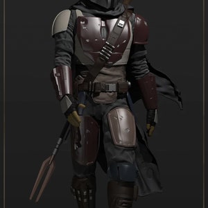 May include: A 3D printed model of The Mandalorian from the Star Wars series. The model is wearing a silver helmet and dark armor with brown accents. The Mandalorian is holding a spear in his right hand and is standing on a sandy surface. The text "THE MANDALORIAN" and "rapidSTL Exclusive" is visible in the image.