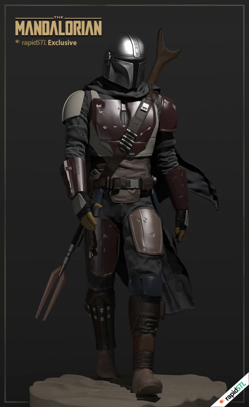 May include: A 3D printed model of The Mandalorian from the Star Wars series. The model is wearing a silver helmet and dark armor with brown accents. The Mandalorian is holding a spear in his right hand and is standing on a sandy surface. The text "THE MANDALORIAN" and "rapidSTL Exclusive" is visible in the image.