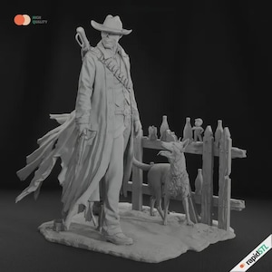 May include: A detailed, monochromatic sculpture of a cowboy figure with a long coat, hat, and gun, standing next to a dog and a wooden fence. The sculpture includes bottles and a small figure on the fence, set on a textured base.