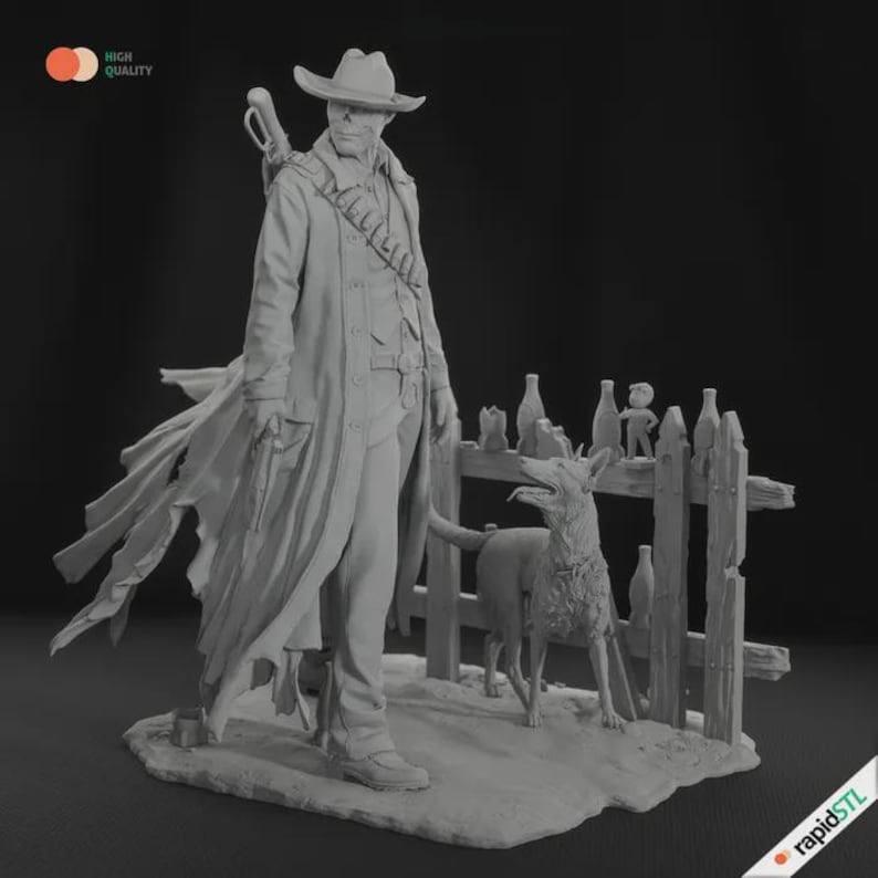May include: A detailed, monochromatic sculpture of a cowboy figure with a long coat, hat, and gun, standing next to a dog and a wooden fence. The sculpture includes bottles and a small figure on the fence, set on a textured base.