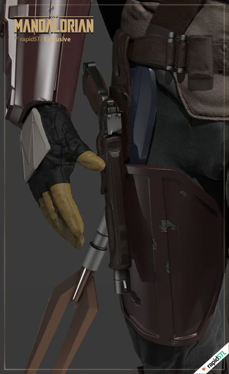 May include: A close-up of a brown leather belt with a silver buckle. The belt is worn over a dark blue fabric and a brown leather holster. A silver gun is in the holster. The text "THE MANDALORIAN" is visible in the top left corner of the image.