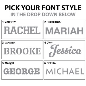 Puede incluir: Un gr&aacute;fico que muestra seis estilos de fuente diferentes con los nombres Rachel, Mariah, Brooke, Jessica, George y Michael. Los estilos de fuente est&aacute;n etiquetados con los nombres Varsity, Helvetica, Cambria, Gelato, Margot y Ofelia.