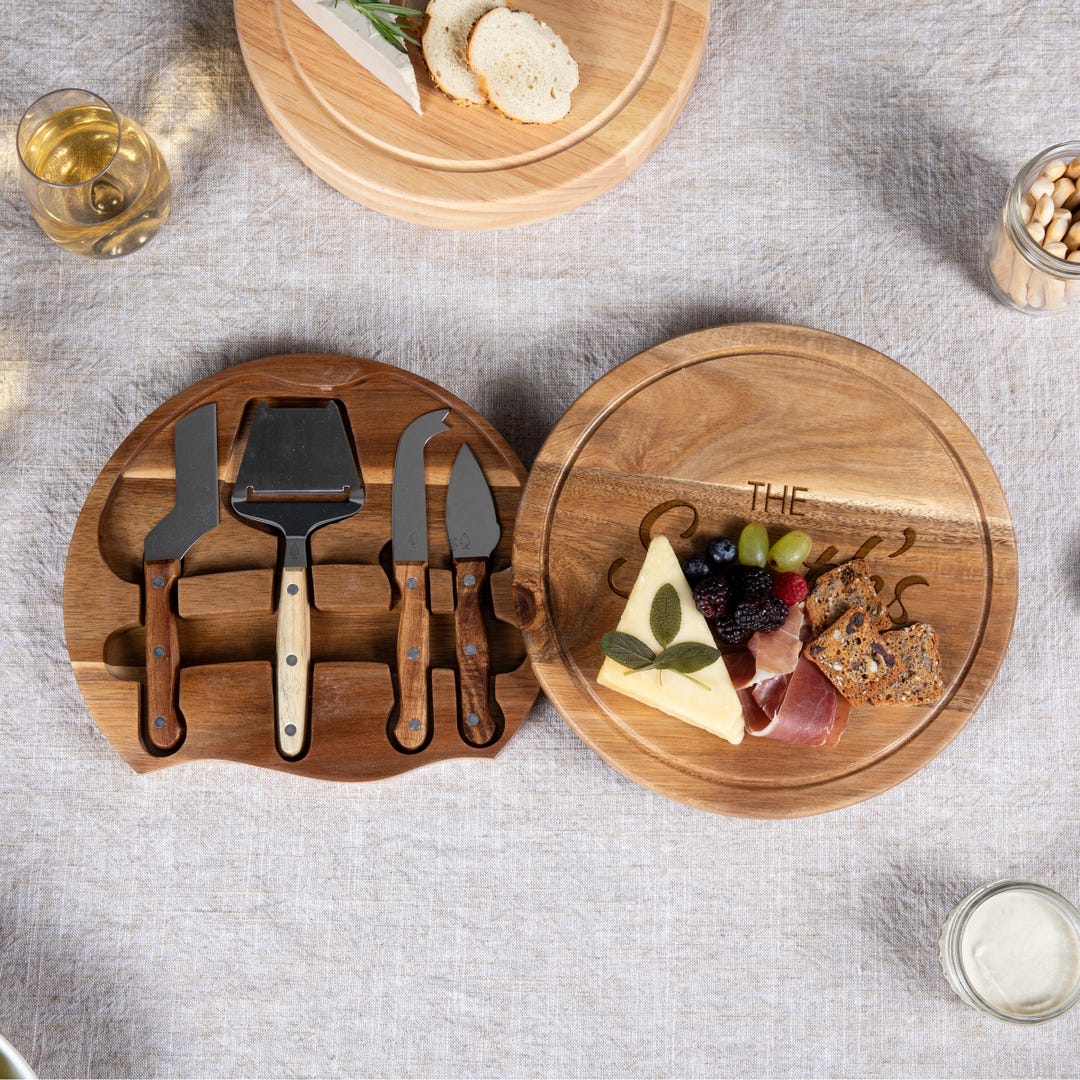 Personalized Acacia Wood Cheese Board Set With Knife Tools: Round ...