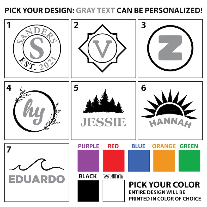 Puede incluir: Una plantilla de dise&ntilde;o gr&aacute;fico para un regalo personalizado. Elige entre siete dise&ntilde;os diferentes, incluyendo un monograma, un sol, una ola y un &aacute;rbol. El texto se puede personalizar con un nombre o iniciales. Elige entre diez colores diferentes para el dise&ntilde;o.