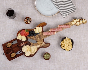 Personalized Guitar Cheese Board Set, Engraved Music Lover Gift, Custom Acacia Charcuterie Board with Tools Set