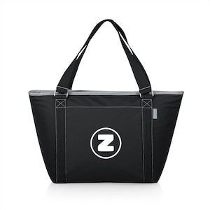 Puede incluir: Bolsa de transporte aislada negra con una cremallera blanca y un c&iacute;rculo blanco con la letra "Z" en el centro.