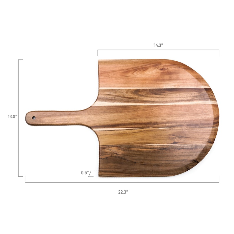 May include: A wooden pizza peel with a natural brown grain pattern, featuring a rounded head and a handle with a hole. Dimensions are 14.3 inches wide, 22.3 inches long, 13.8 inches for the head height, and a thickness of 0.5 inches.