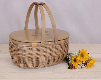 Cesta de picnic personalizada para dos personas: Mimbre tejido a mano, nevera portátil isotérmica.