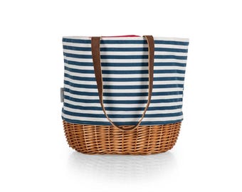 Navy & White Stripe Basket Bottom Canvas Tote Bag: Picnic, Beach, Family, Market, Modern Valentine's Day Picnic