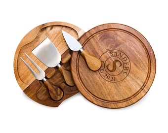 Tabla de quesos de acacia personalizada: tabla de cortar redonda con utensilios