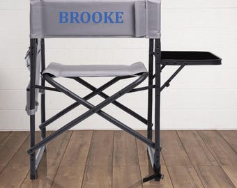Personalized Gray Sports Chair with Side Table | Custom Directors Chair | Perfect Gift for Beach & Tailgating