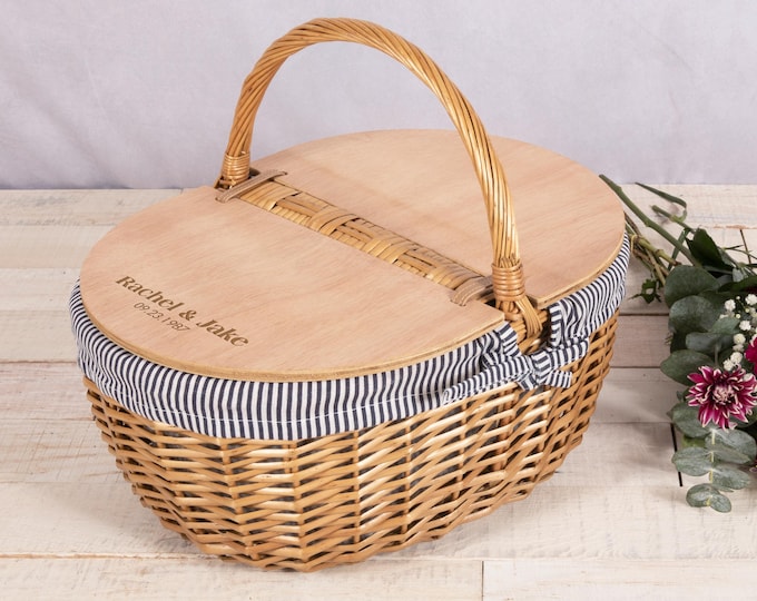 Personalized Navy & White Stripe Wicker Picnic Basket: Vintage Country Style Gift for Couple