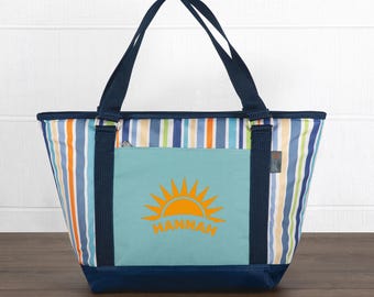 Personalized Sky Blue Striped Cooler Bag: Insulated Picnic Tote
