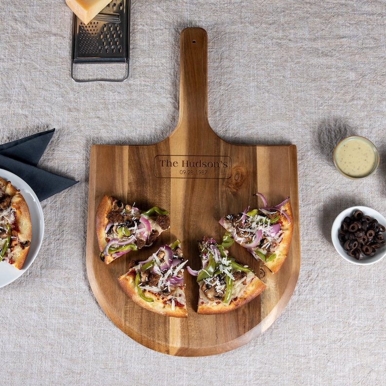 Custom Engraved Pizza Peel, Personalized Wood Pizza Paddle, Pizza Serving Board, Personalized Gift, Unique Pizza Gift,Housewarming image 1