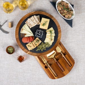 Personalized Acacia and Slate Cheese Serving Board with Tools, Custom Charcuterie Serving Board with Cheese Tools, Engagement Gift