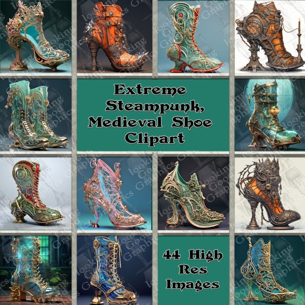 44 Unique and Extreme Shoe Clipart for Instant Download ~ Styles are Steampunk, Medieval, Industrial, Cyberpunk ~ Limitless Creations Await!