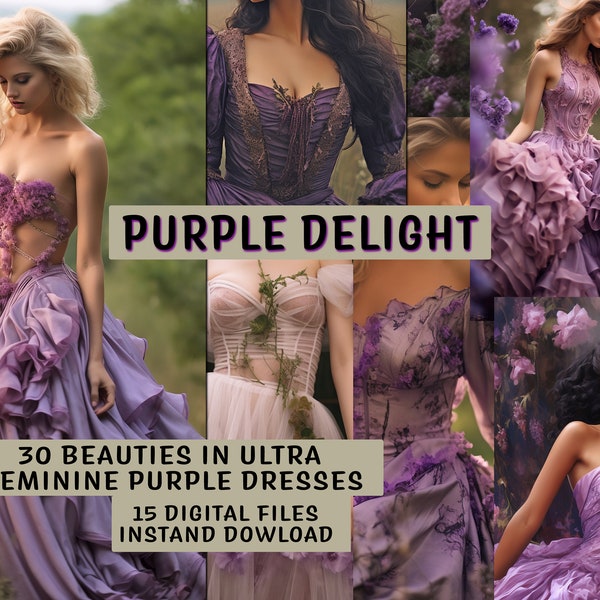 Ultra Feminine & Romantic Purple Dresses ~ Beautiful and sophisticated models in open fields ~ Scrapbook, Journal and craft uses.