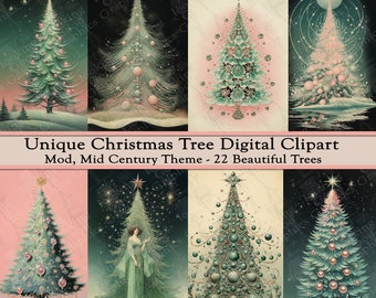 Árboles de Navidad caprichosos de mediados de siglo: una colección de coloridas imágenes prediseñadas ~ diario basura, álbum de recortes, manualidades en papel, descarga instantánea