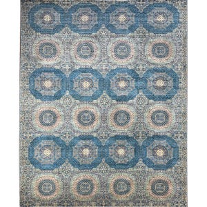 Handmade (10&#39;2&quot; x 14&#39;5&quot;) Premium Mamluk Wool Area Rug - Blue Afghan Oriental Rug for Living Room - Lounge Rug 10x14