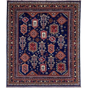 Alfombra de área de lana afgana tribal azul marino hecha a mano (8&#39;5&#39;&#39; x 10&#39;6&#39;&#39;) - Alfombra oriental boho con tinte vegetal para sala de estar - Alfombra de dormitorio - Alfombra 8x10