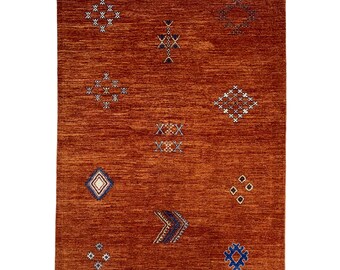 Handmade (5'4" x 7'11") Orange Southwestern Gabbeh Wool Area Rug for Living Room - Bedroom Rug - 5x8 Rug - 90 KPSI