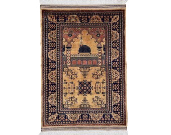 Alfombra de oración musulmana hecha a mano - Alfombra marrón claro - Alfombra de la mezquita de Aqsa - Alfombra de lana afgana para oración - Alfombra espiritual - (2'10" x 4'0") (86 x 120 cm)