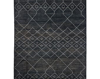 Handmade (8'1" x 10'4") Black Scandinavian Style Afghan Wool Area Rug for Living Room - Bedroom Rug 8x10