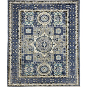 Handmade (10&#39;1&quot; x 13&#39;8&quot;) Fine Mamluk Area Rug - Blue Medallion Oriental Wool Organic Dye Area Rug for Living Room - 10x14 Rug - Home Decor