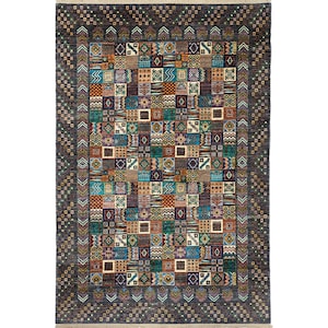 May include: A colorful rug with a geometric pattern in shades of blue, green, orange, and brown. The rug has a border with a repeating pattern of small squares and triangles.