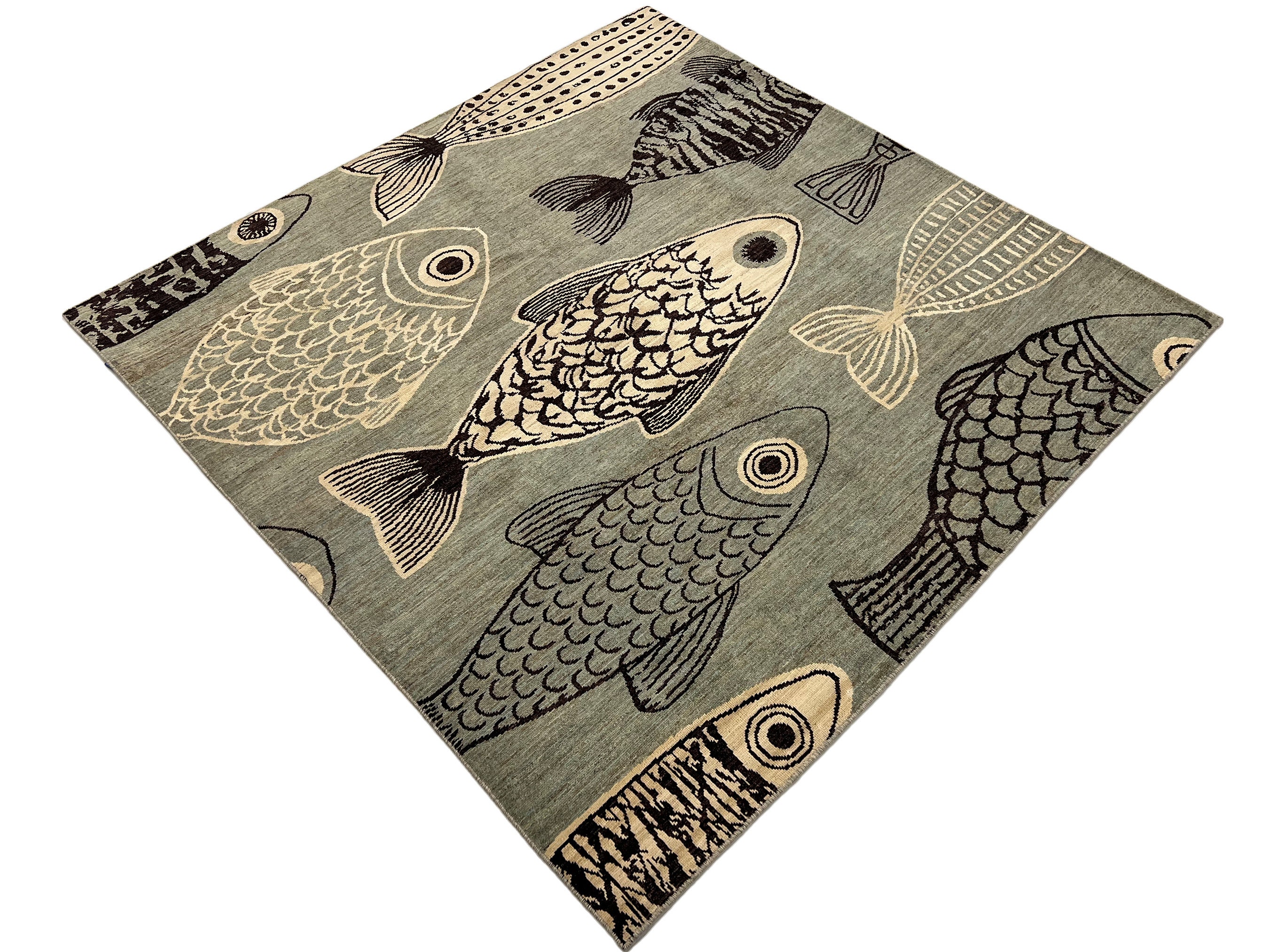 Fish Rug Handade Handmade 8' X 8' Kids Room Fish Rug Square Gabbeh Wool Area Rug ...