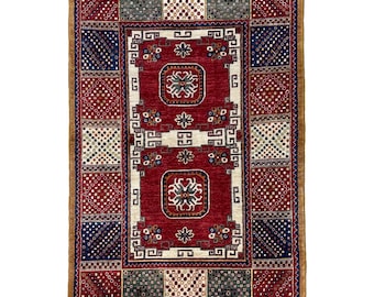 Handmade (3'10" x 6'4") Red Boho Afghan Tribal Wool Rug for Bedroom - Oriental Kitchen Rug - Entryway Rug - 4x6 Rug